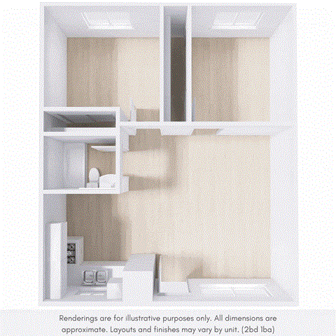 Floor plan for 2 beds, 1 bath, 950 sqft